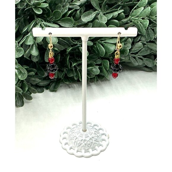 Black and Red Glass Beaded Dangle Earrings With Gold Hook - Picture 2 of 5